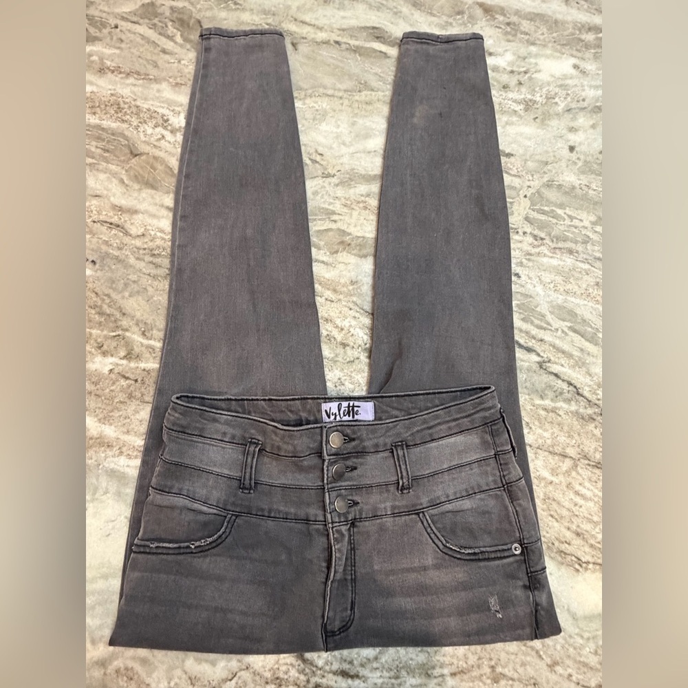 Vylette Women’s 9/29 Gray High Rise Skinny Jeans Triple Button Stretch